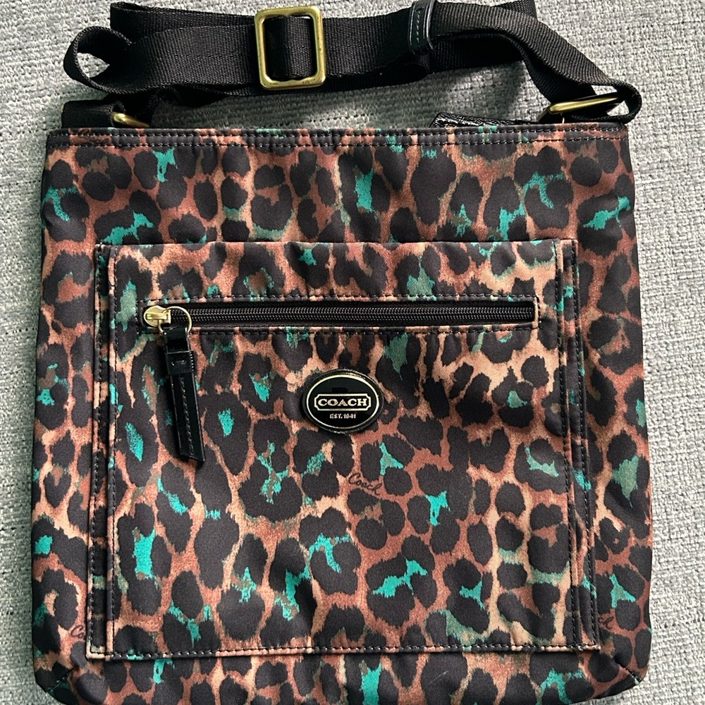 Coach Ocelot Leopard Animal Print Cross Body Tote in Black Jade